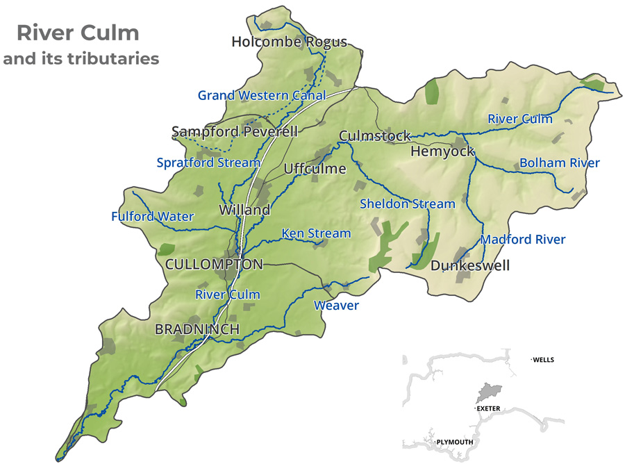 Map of the River Culm catchment and the River Culm's tributaries: Grand Western Canal, Spratford Stream, Fulford Water, Ken Stream, Weaver, Sheldon Stream, Madford River, Bolham River.