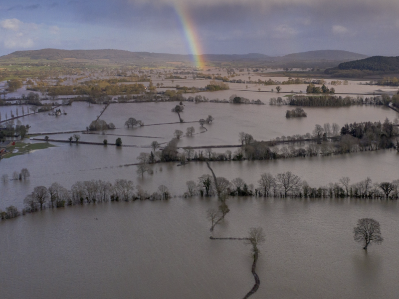 Flooded landscape in the Culm catchment with the fields underwater and only the hedgerows and trees showing. In the background hills and a rainbow.