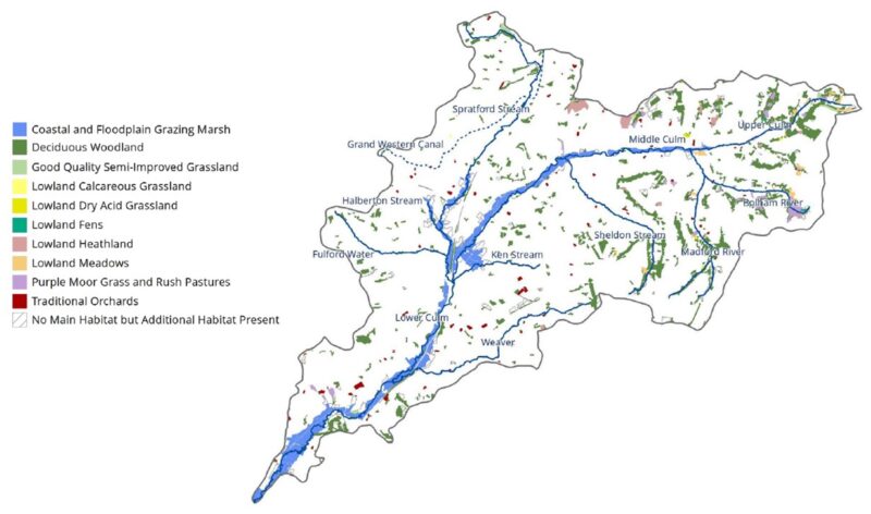 River Culm catchment map showing priority habitats