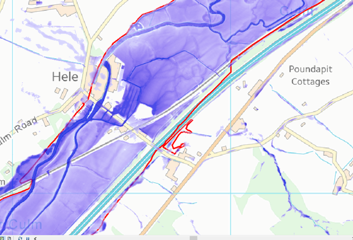 Map showing Hele crossing flood model.