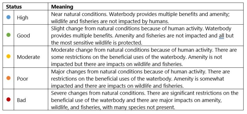 A table describing the water quality status given to water bodies from High to Bad depending on the change from natural conditions and the impact on amenity, wildlife, and fisheries.