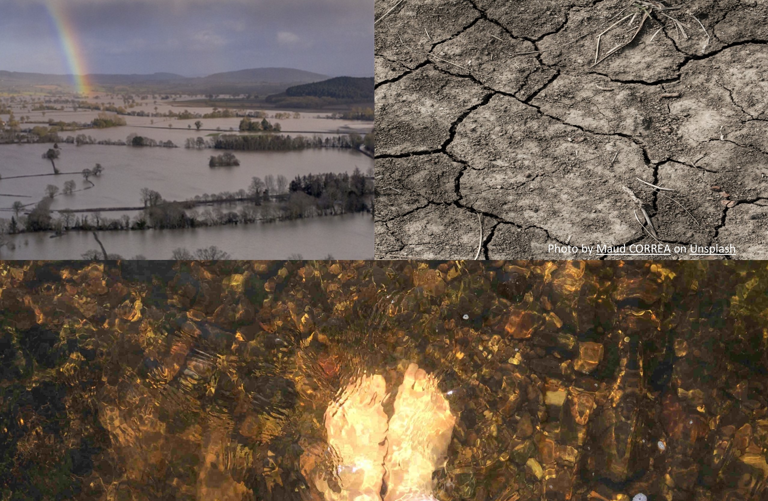 A montage of photographs: Flooded landscape with a rainbow, dry cracked soil, feet paddling in shallow water.