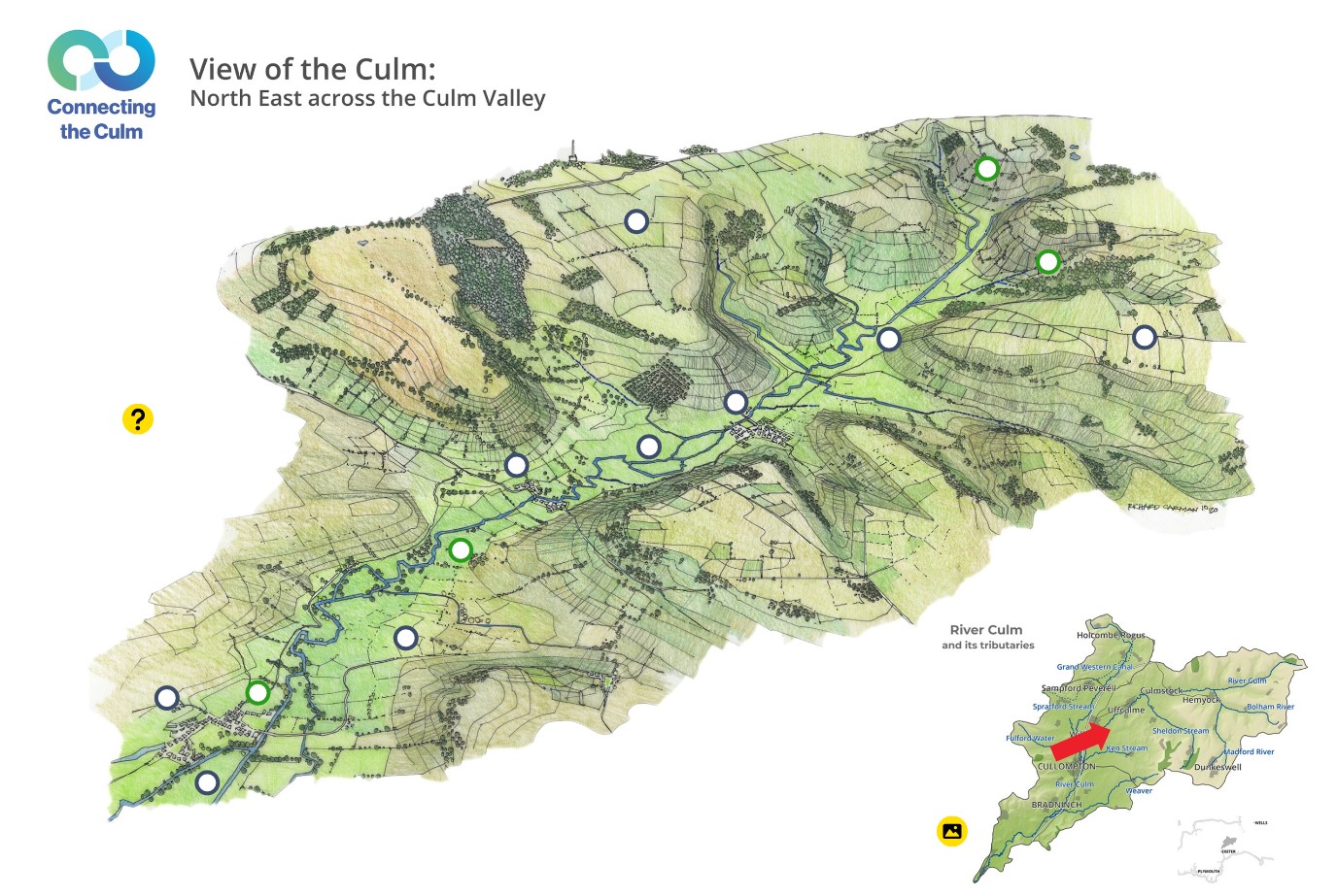 A topological illustrated map showing a stylised view north east across the Culm Valley