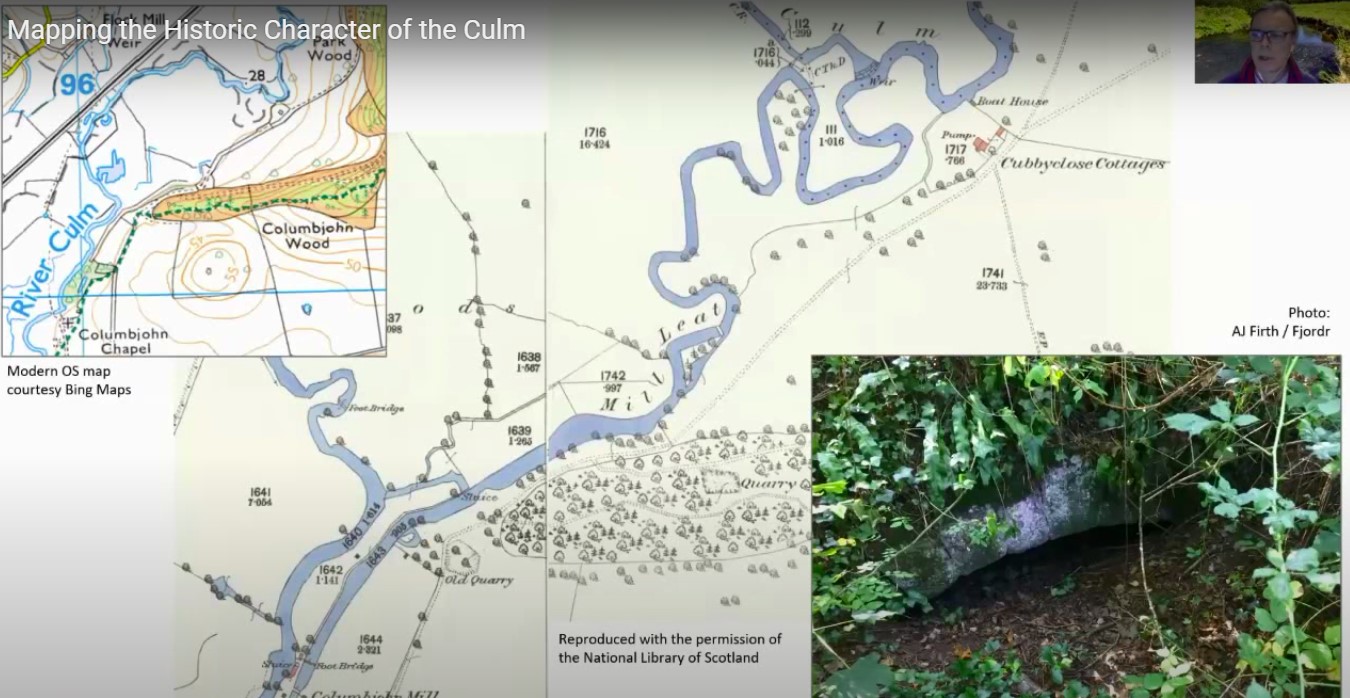 Mapping the historic character of the Culm with a screen shot of a modern OS map, alongside an old map of the River Culm
