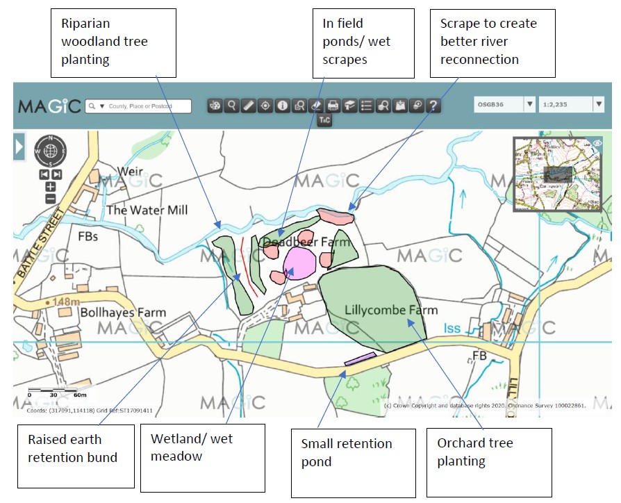 A map showing a proposal for nature-based solutions at Deadbeer Farm