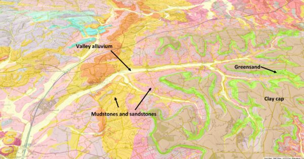 Soil map of the upper Culm, showing the clay cap on the upper plateau. From the British Geological Survey.