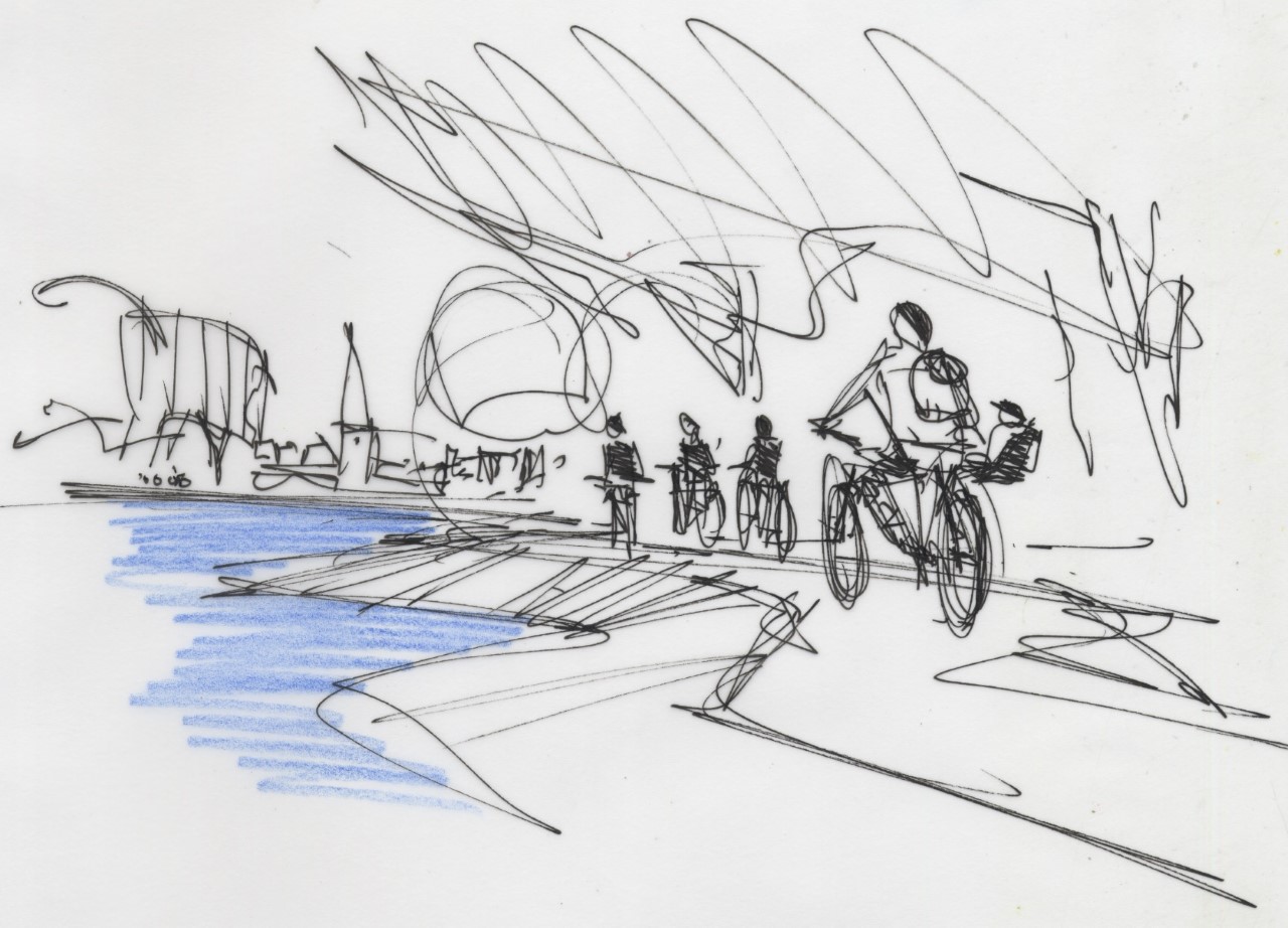 A rough sketch of people cycling along the edge of the river bank