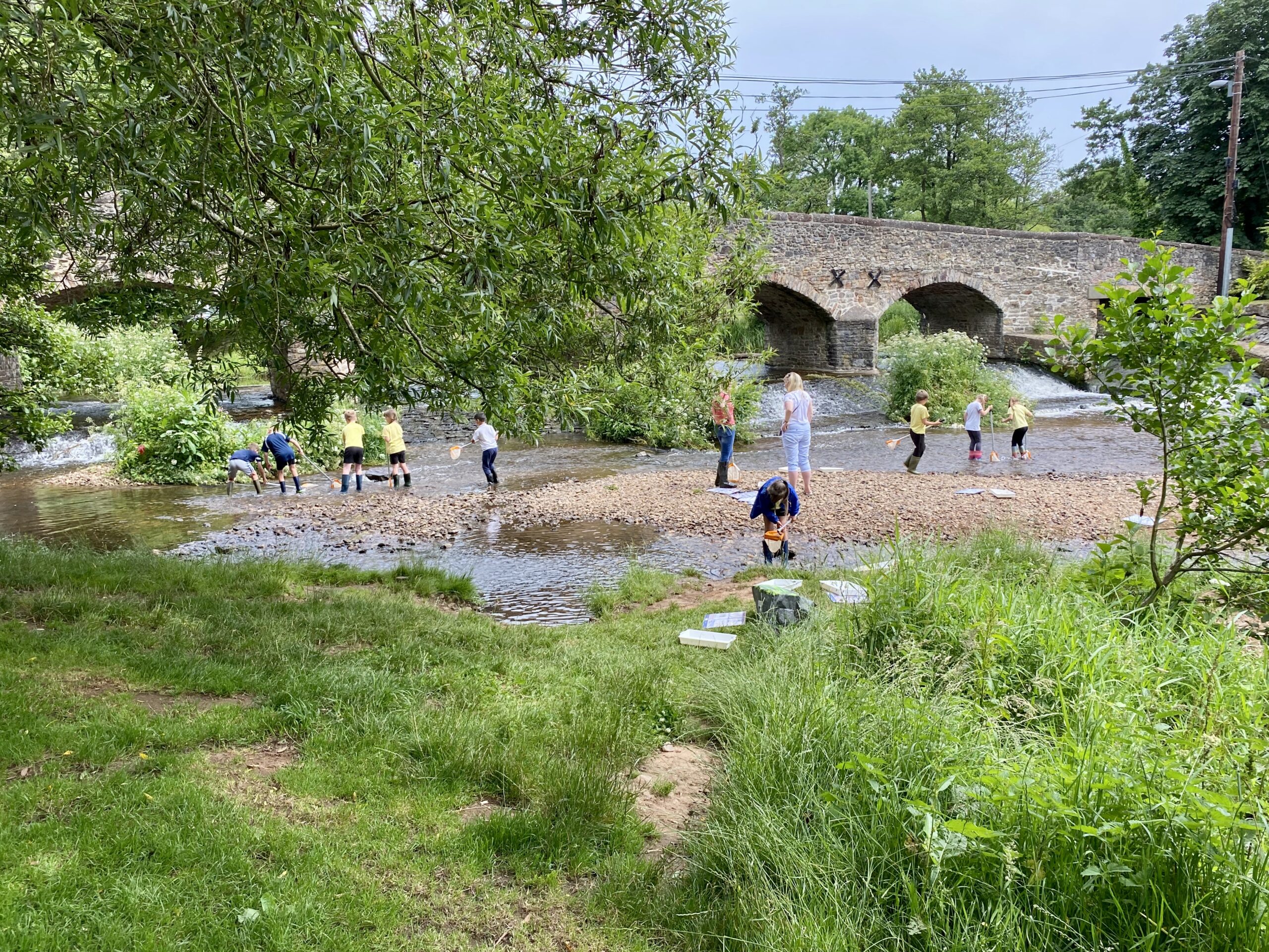 children play in river by bridge