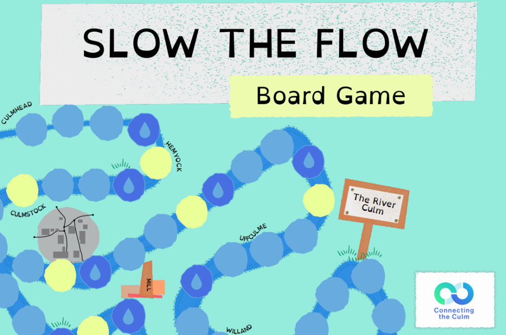 Slow the flow board game cover with a simple illustration of the river and some landmarks along it.
