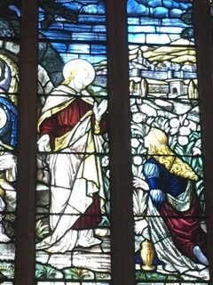 A stained glass window with what looks like Mary and the Angel Gabriel