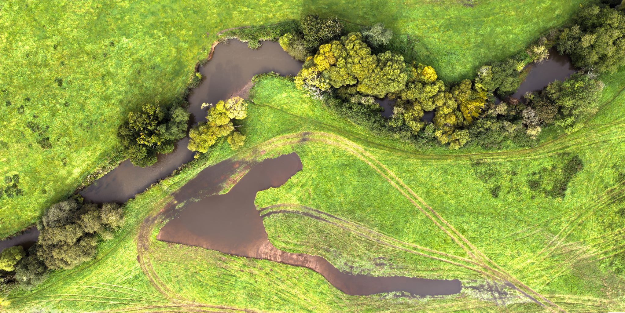 Drone overhead view of a recently created scrape filling with water beside the River Culm