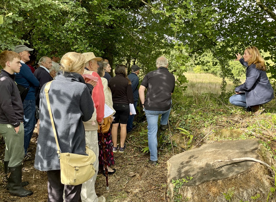 Tour group at Dunkeswell Abbey looking at the large fishponds built by Cistercian monks 800 years ago.