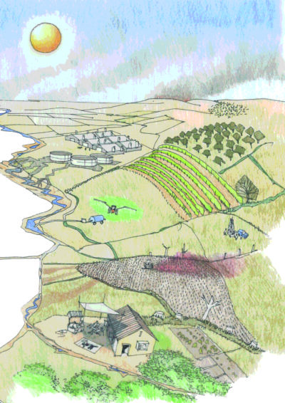 An illustration representing the River Culm catchment during a possible hot and dry summer in the future by Richard Carman