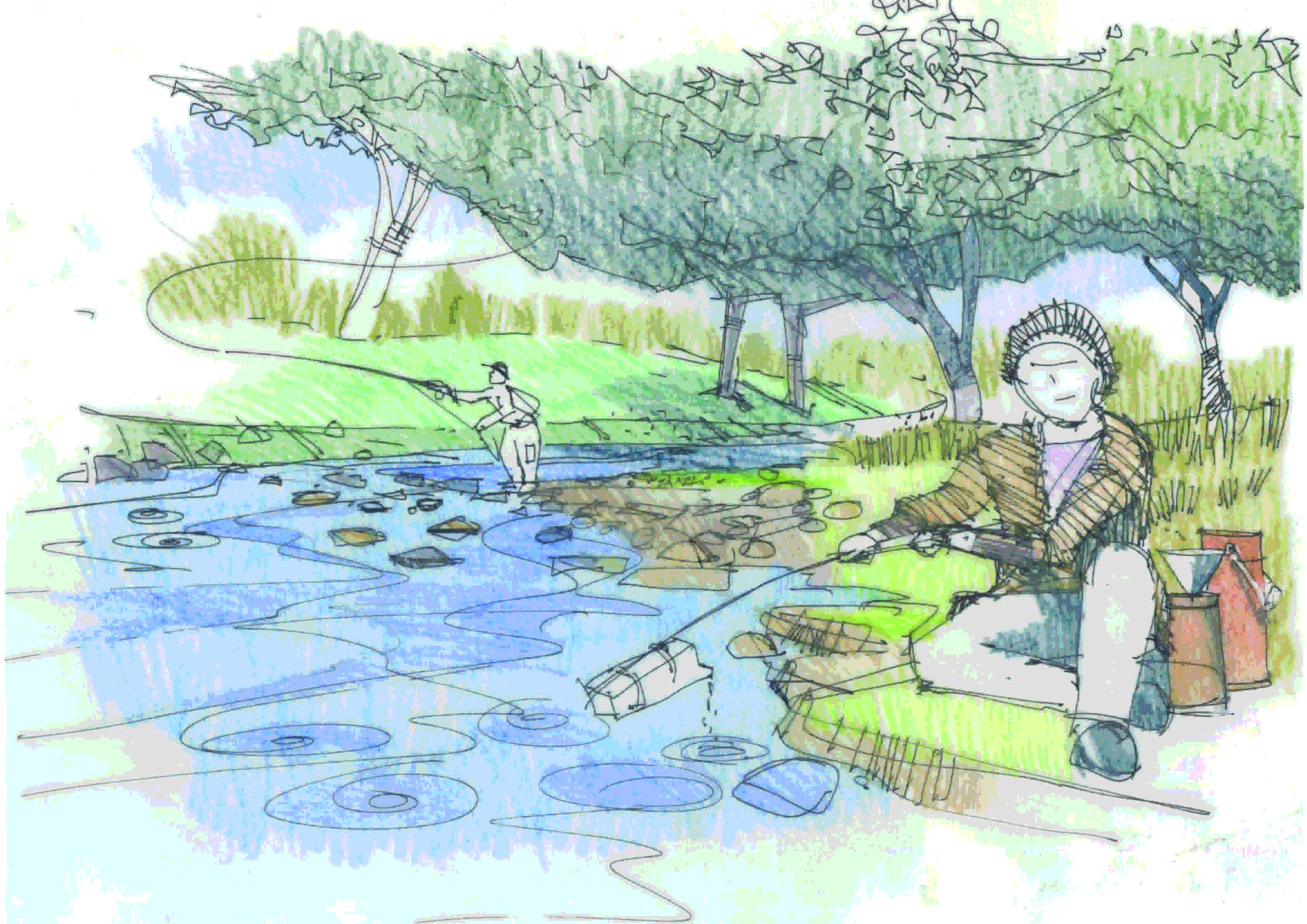 Illustration by Richard Carman showing fisherman next to river with crystal clear waters
