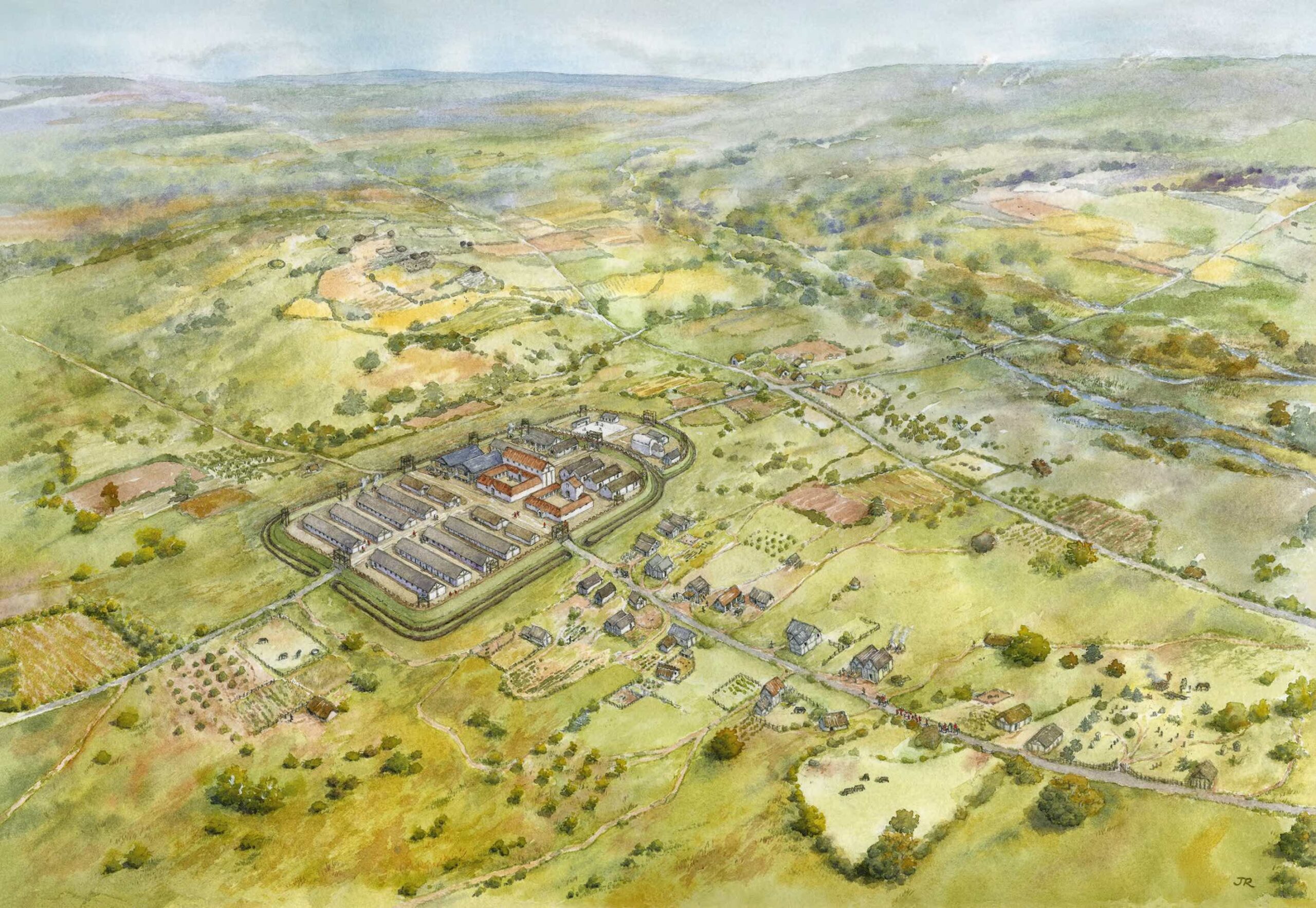 Reconstruction drawing of Roman fort at St Andrews Hill, Cullompton by Jane Reed